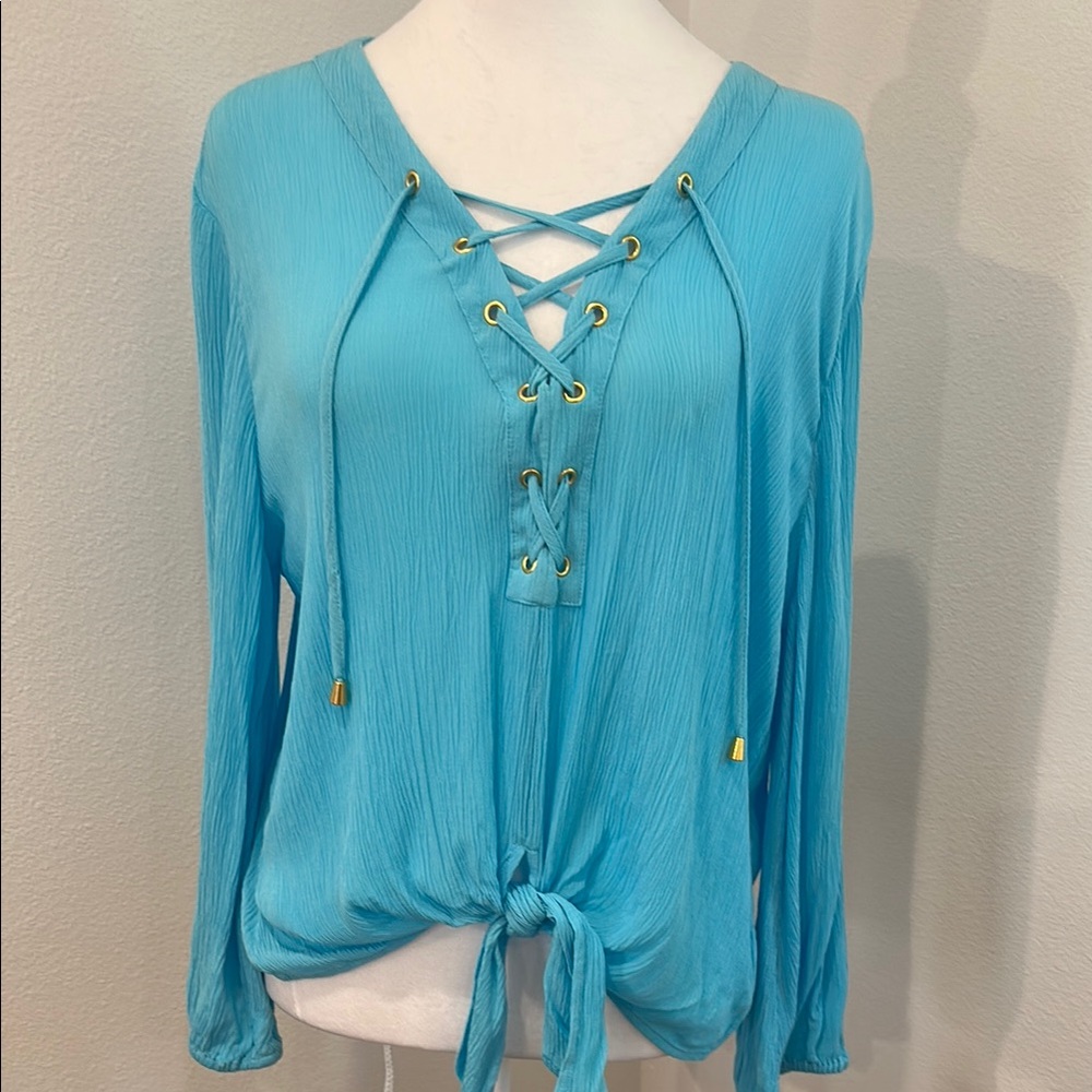 INC International Concepts Turquoise Lace-Up Blouse - Picture 2 of 10